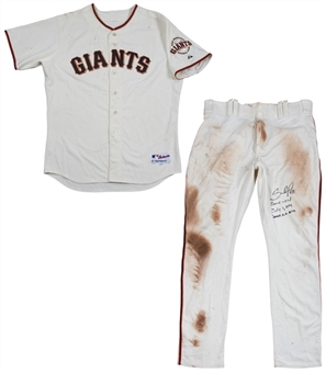 2014 Pablo Sandoval Game Used, Signed & Inscribed San Francisco Giants Home Uniform (Jersey & Pants) Used on 7/1/14 For Career Home Run #100 (MLB Authenticated & PSA/DNA)